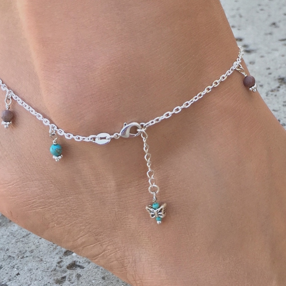 Butterfly Gemstone Anklet 925 Sterling Silver